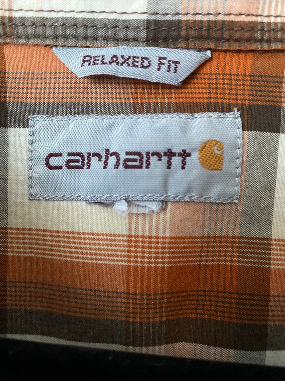 Carhartt Orange, Brown and White Plaid Short-Sleeve Button-Down Shirt - Picture 2 of 4